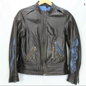 Harley Davidson black leather blue flames jacket S